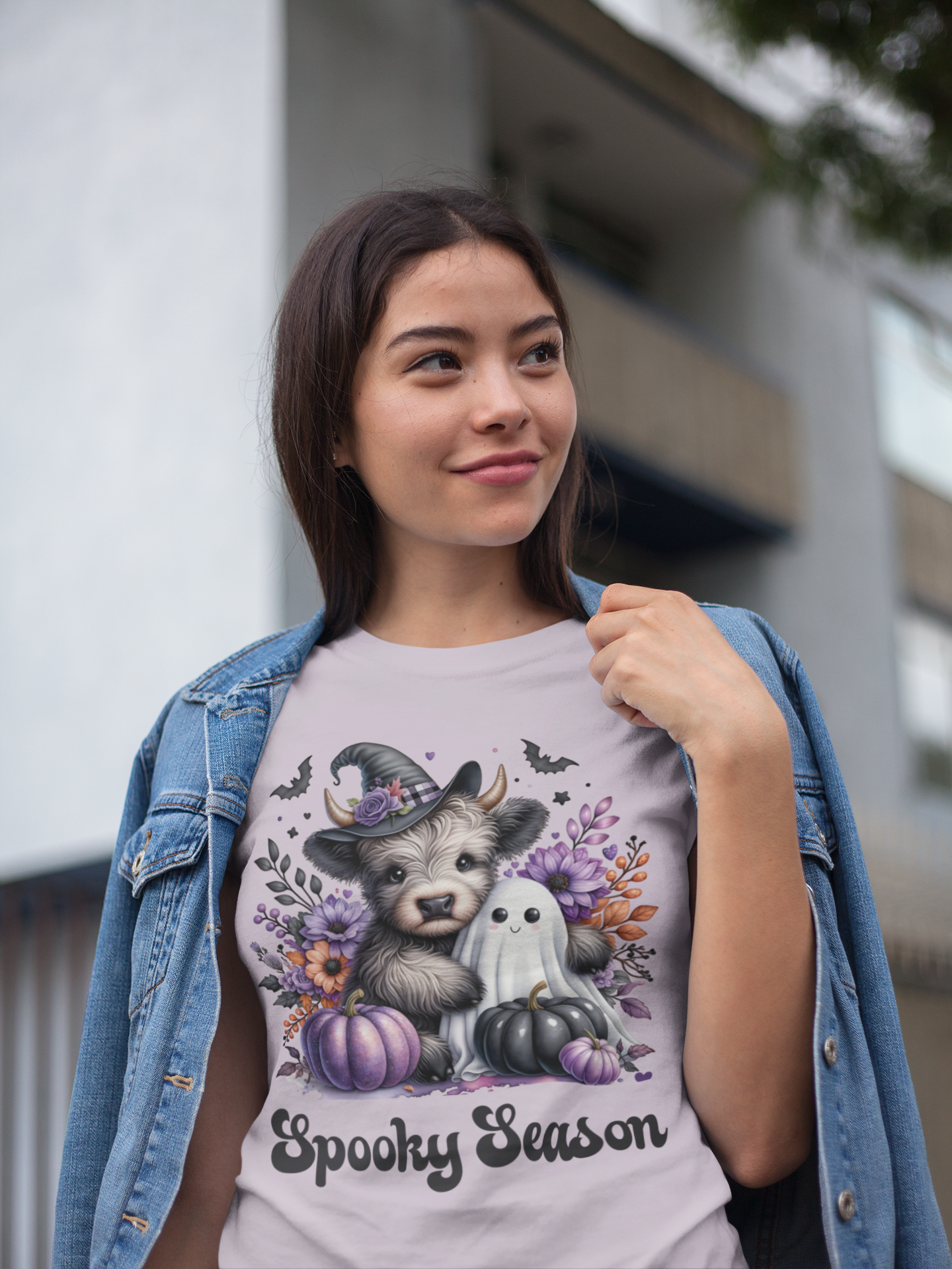 Lavender Highland Cow & Ghost Spooky Season T-shirt