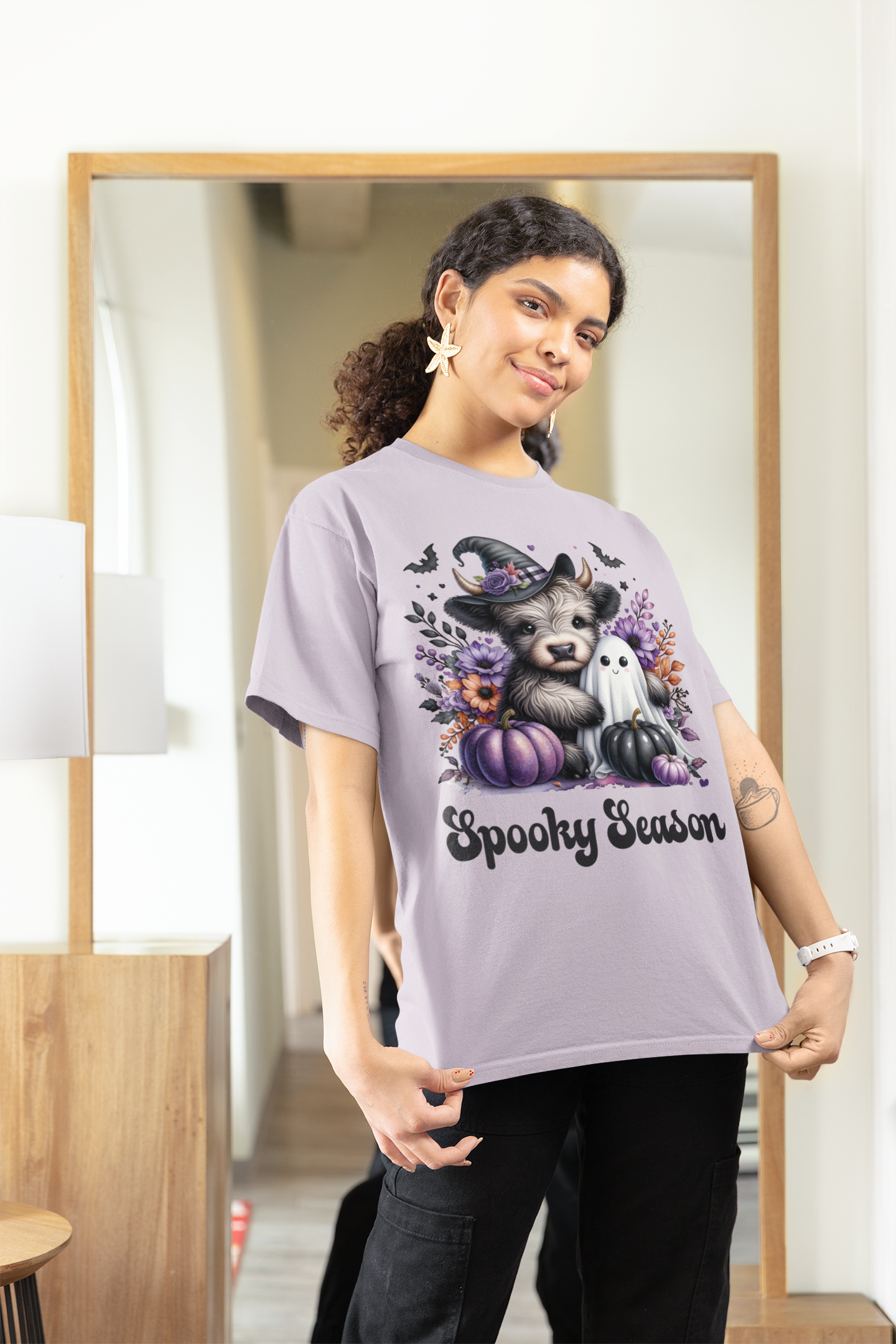 Lavender Highland Cow & Ghost Spooky Season T-shirt